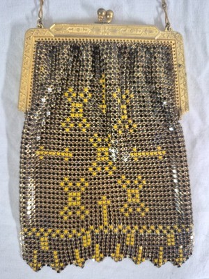 Vintage ArtDeco Whiting &Davis Goldtone Mesh Enamel Geometric Purse w/ metal tag