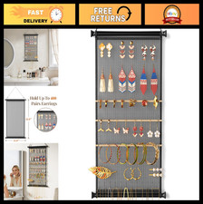 Jewelry Organizer Wall Hanging - Mesh Earring Necklace Holder with Hooks Rod