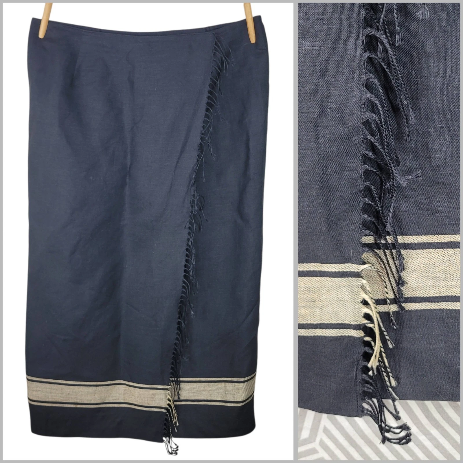 Vintage Jones New York Fringe Linen Wrap Skirt Plus 18W Stripe Black Career Long