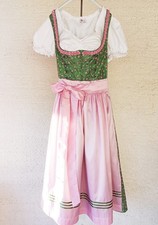 Edel Dirndl in grünem Satin mit rosa Akzenten und rosa Schürze  Größe 44