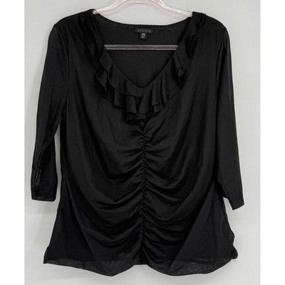 George Womens Black Ruffle V-Neck Ruched Front 3/4 Sleeve Blouse Sz 16/18