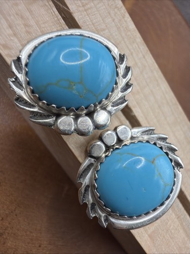 Navajo 925 Etched Sterling Silver Turquoise Stud Earrings .75"