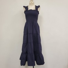 Quince Womens Sleeveless Tiered Ruffle Midi Dress Size M Blue Smocked Milkmaid