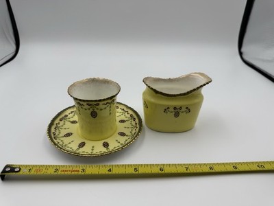 Antique Royal Worcester Yellow Trio Vase Bowl & Saucer Set Gilt Rim