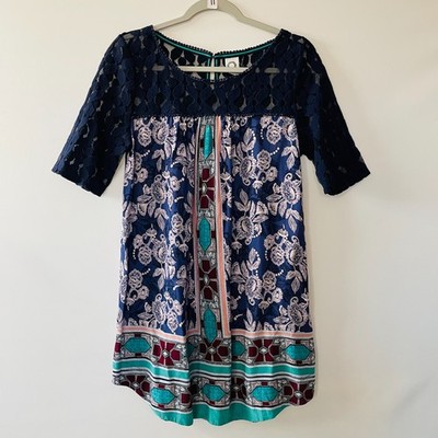 Akemi + Kim Womens Multicolor Maite Lace Floral Geometric Print Tunic Top Size L