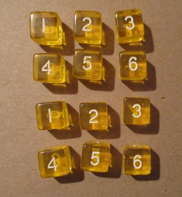NEW Translucent Yellow Set of 12 d6 Numeral 16mm