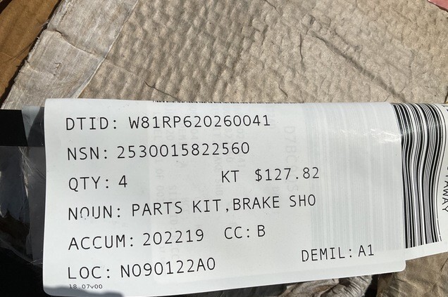 M-915 M-916A1 VEHICLE LEFT BRAKE SHOE PARTS KIT KSR3014707QP