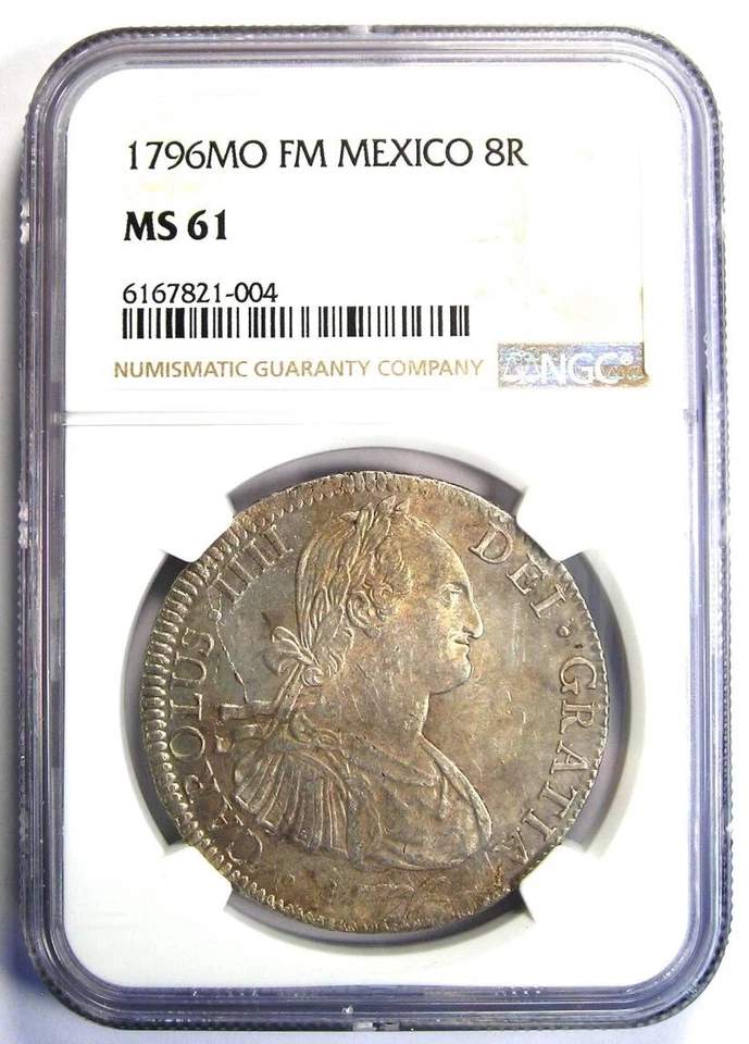 Moeda de 8 reais 1796 México Charles IV 8R - Certificada NGC MS61 (Não circulada UNC) - Imagem 2 de 4
