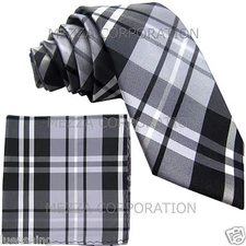New Men's Vesuvio Napoli plaid 2.5" skinny Neck Tie Necktie & Hankie set Gray