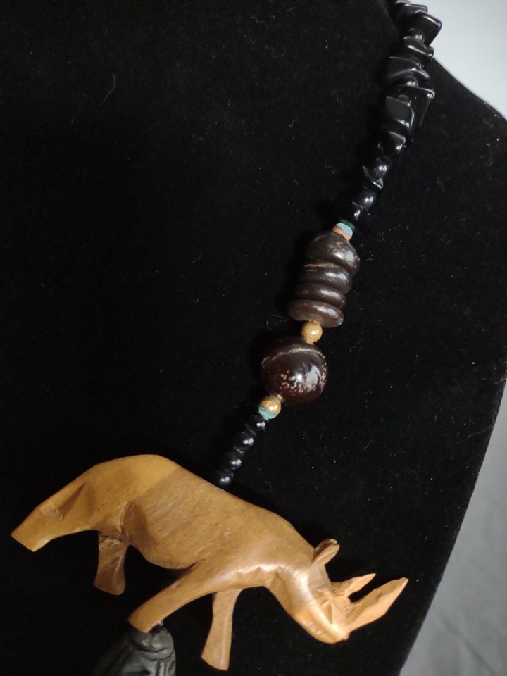Vintage African Necklace Hand Carved Wood Safari Animals Beads Stones ...
