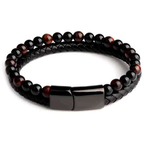 Fashion Men Jewelry Natural Stone Genuine Leather Bracelet Black Stainless Steel - Picture 9 of 11