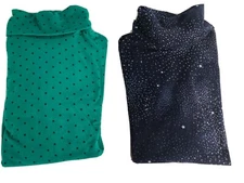 Lands' End Women Turtleneck Lot of 2 Green & Blue Fitted Shaped Stars Dots Small