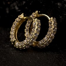 Thin Yellow Gold Plated Sterling Silver Post Iced CZ Men's Huggie Hoop Earrings