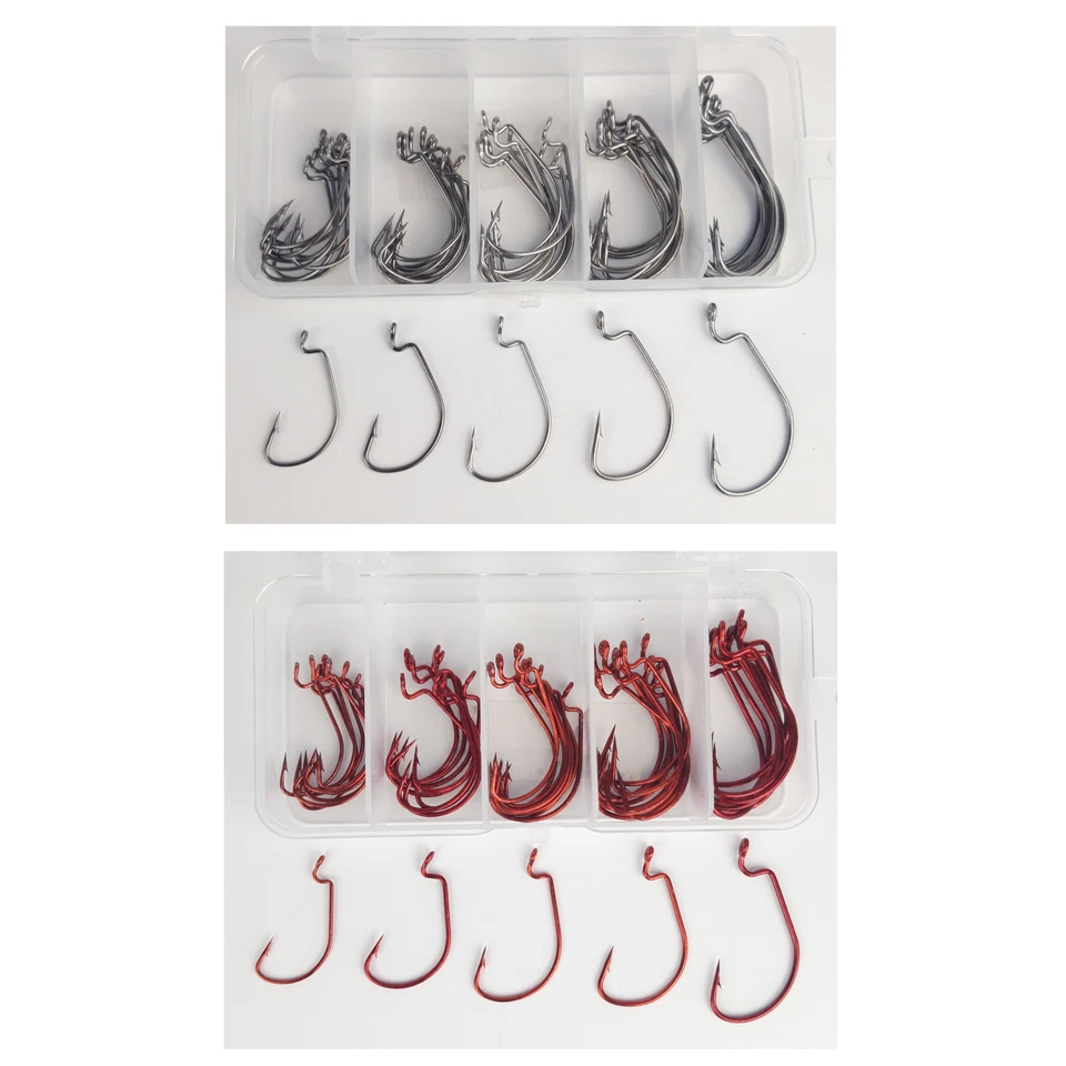 NOBRAND 50er Set OFFSET Angel Haken Gr 2-3/0 Box Dropshot Hook Jig Kopf Shad Gummifisch