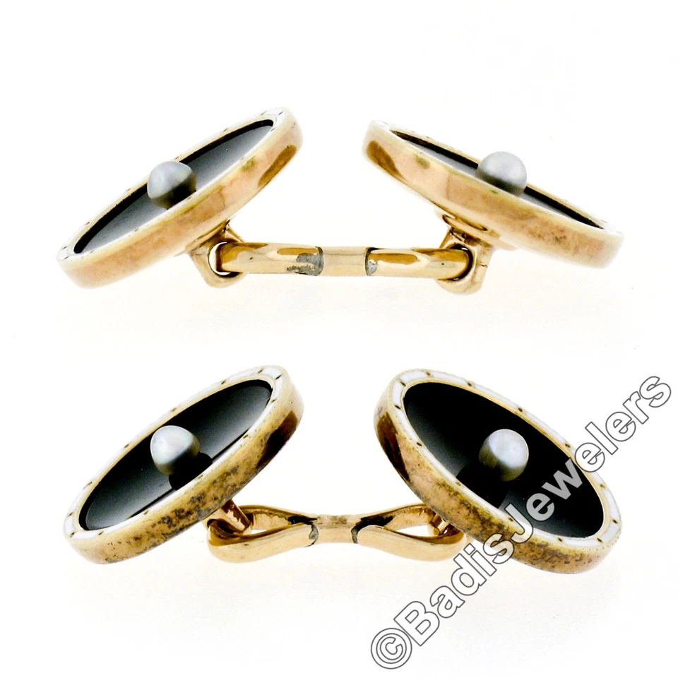 Антикварные мужские запонки из золота 14 карат с черным ониксом и натуральным жемчугом и белой эмалью - Изображение 3 из 4