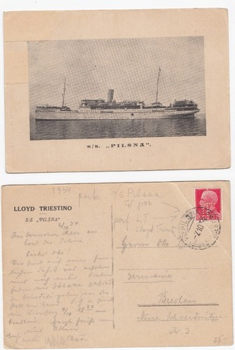 Italy Old Postcard Lloyd Triestino Ship S/S Pilsna with Perfin Stamp 1934