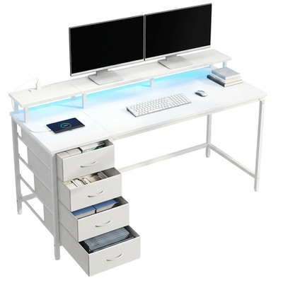 Gianna 47-Inch Computer Desk with Power Outlets and LED Lights, Gaming Desk with
