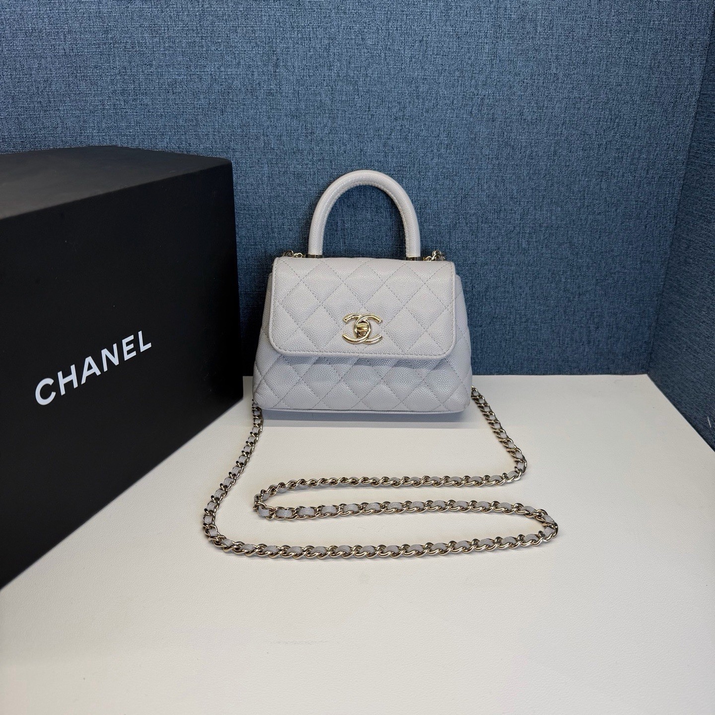Authentic Pre‑Owned Chanel Coco Handle Mini, Light Grey Caviar Leather