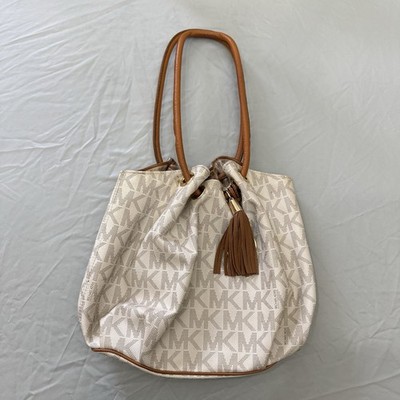 Michael Kors Jet Set Large Gathered Logo Tote Bag Vanilla Tan Tassel