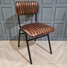 Vintage Industrial Dining Chairs Dark Brown Genuine Real Leather Ribbed Metal