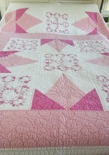 Vintage Hand Quilted/Hand Embroidered Stunning Pink  s  White QUILT Extra 