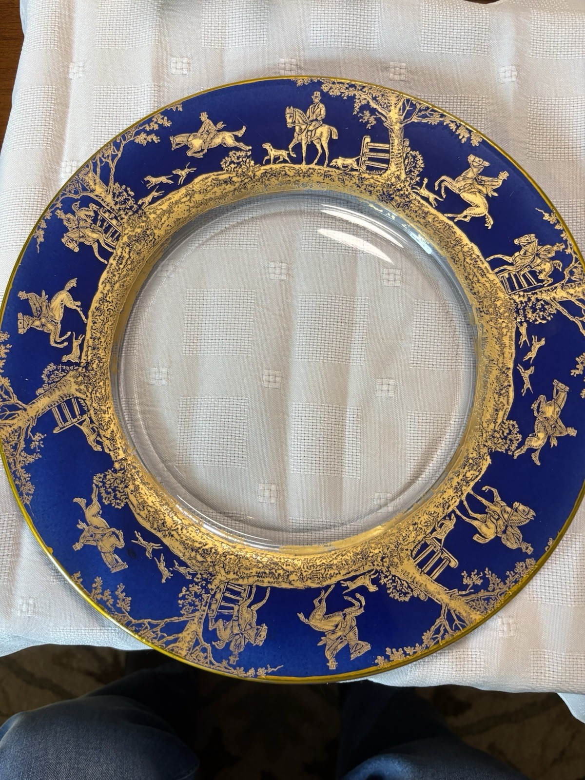 Cambridge Hunt Scene Dinner Plate-Hand Painted Gold/Cobalt - Display Item!