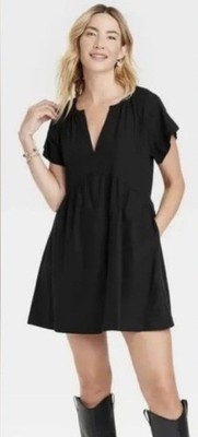 Universal Thread Black Linen Rayon Woven V-Neck Short Sleeve Dress Size L