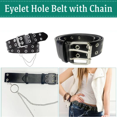 Schwarzer PU-Leder Taillen Gürtel Mit Kette Doppelösen Punk Goth - Bild 1 von 4