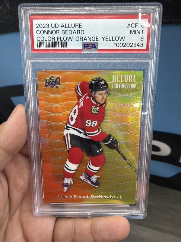 2023 UPPER DECK ALLURE COLOR FLOW ORANGE-YELLOW #CF16 CONNOR BEDARD RC - PSA 9