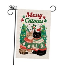 Merry Christmas Garden Flag Christmas Cat Decor Winter Vertical Burlap Double