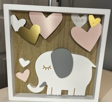 Elephant Nursery Wall Art / 3D Hearts Shadow Box Baby Room Decor White Pink Gold