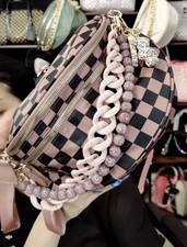 Pink Checkered Crossbody Bum Bag Large Fanny Pack Belt Purse With Chains Charm