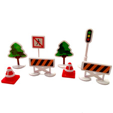 lot of 8 Plastic Toy Car Road Signs Railroad Crossing Cones Stop Light Trees
