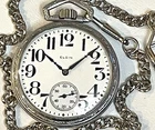Vintage Elgin 16s Pocket Watch  Nickel Chrome Case NOT RUNS w/Chain 2" Dia.