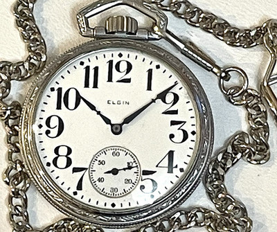 Vintage Elgin 16s Pocket Watch  Nickel Chrome Case NOT RUNS w/Chain 2'' Dia.
