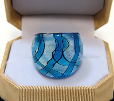 Turquoise Blue & Black Loose Plaid Hand Blown Glass Ring size 7