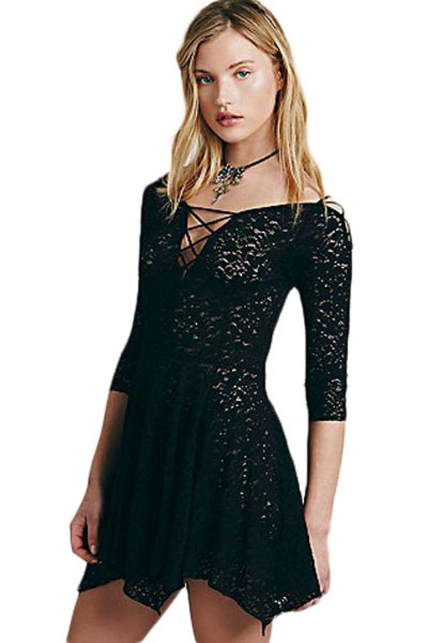 Cute Black Sheer Lace Floral Sleeved Skater Mini Dress Medium | eBay