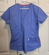 Code Happy Womens Scrub Top Size Medium Blue Short Sleeve V-Neck