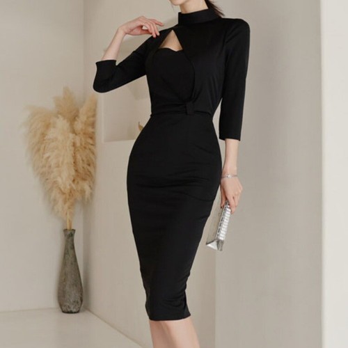 Elegant Korean Women Mock Neck Slim Pencil Shift Business Formal Ball Gown  Dress | eBay