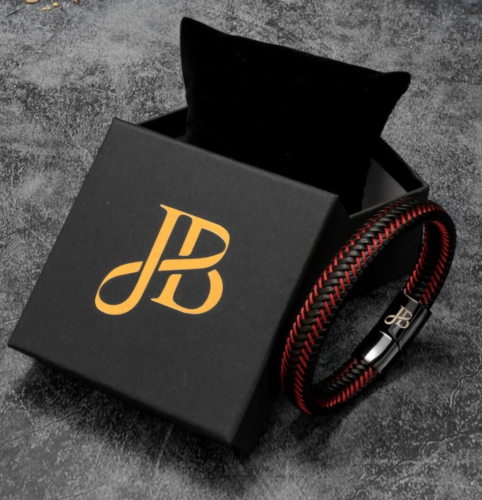Men's Black Red Braided Leather Bracelet, Leather Punk Jewelry Wristband - Afbeelding 1 van 7