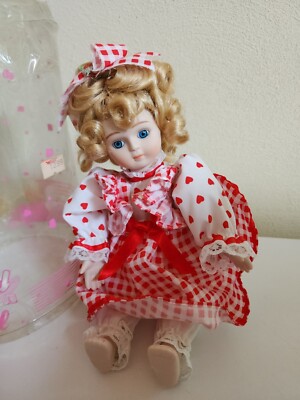 VTG Wind Up Musical Doll Porcelain Head Moves Red Heart Dress