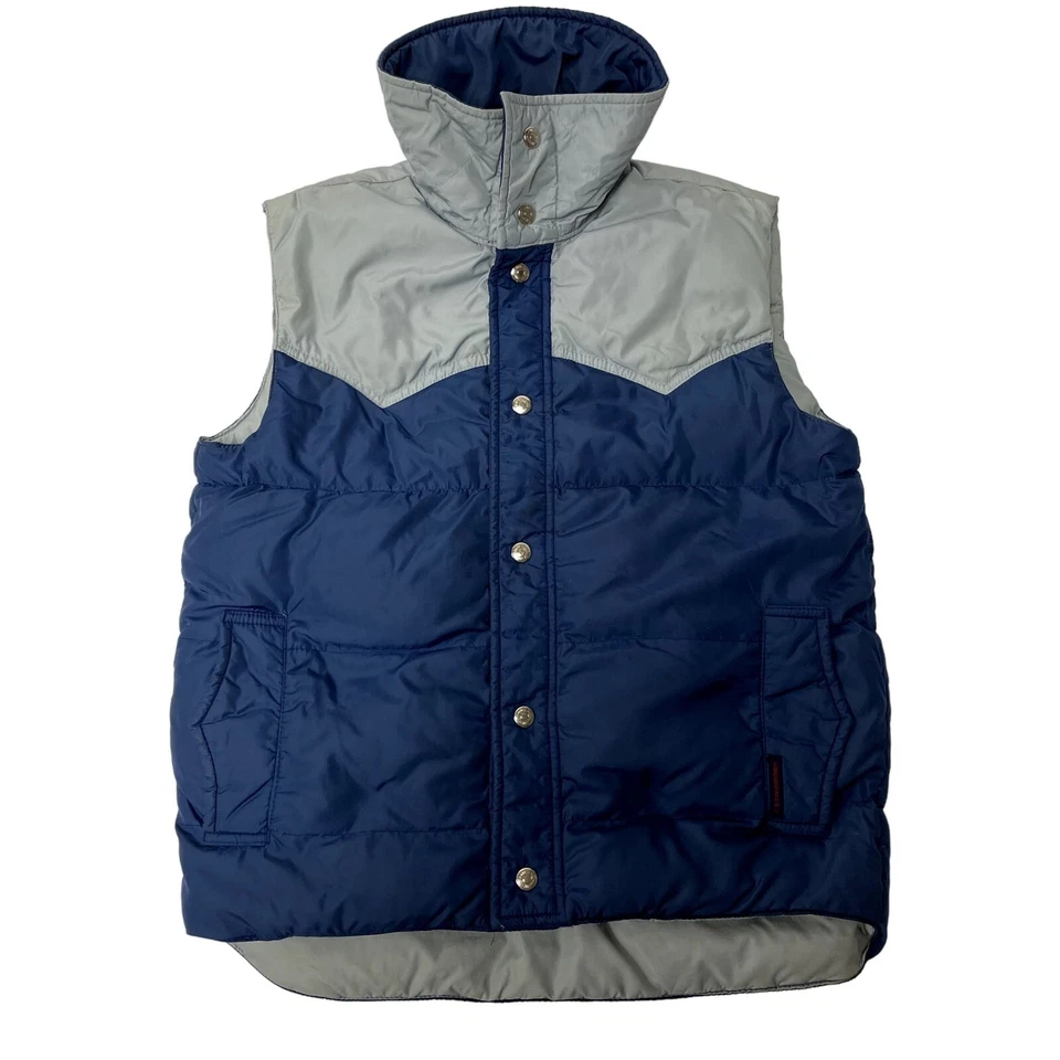 Vtg 80's Windbreaker 2 Tone Blue Cowboy Western DOWN Filled Snap SNOW SKI Vest S - Imagem 3 de 4