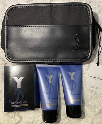YSL 4 Pcs set Y AFTER SHAVE BALM & SHOWER GEL 50ml/1.6oz Y Edp 1.2ml+Black Pouch