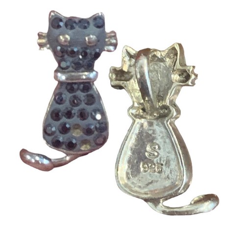 BLACK MARCASITE DIAMONED JEWELED STERLING SILVER KITTY CAT CHARM PENDANT 925