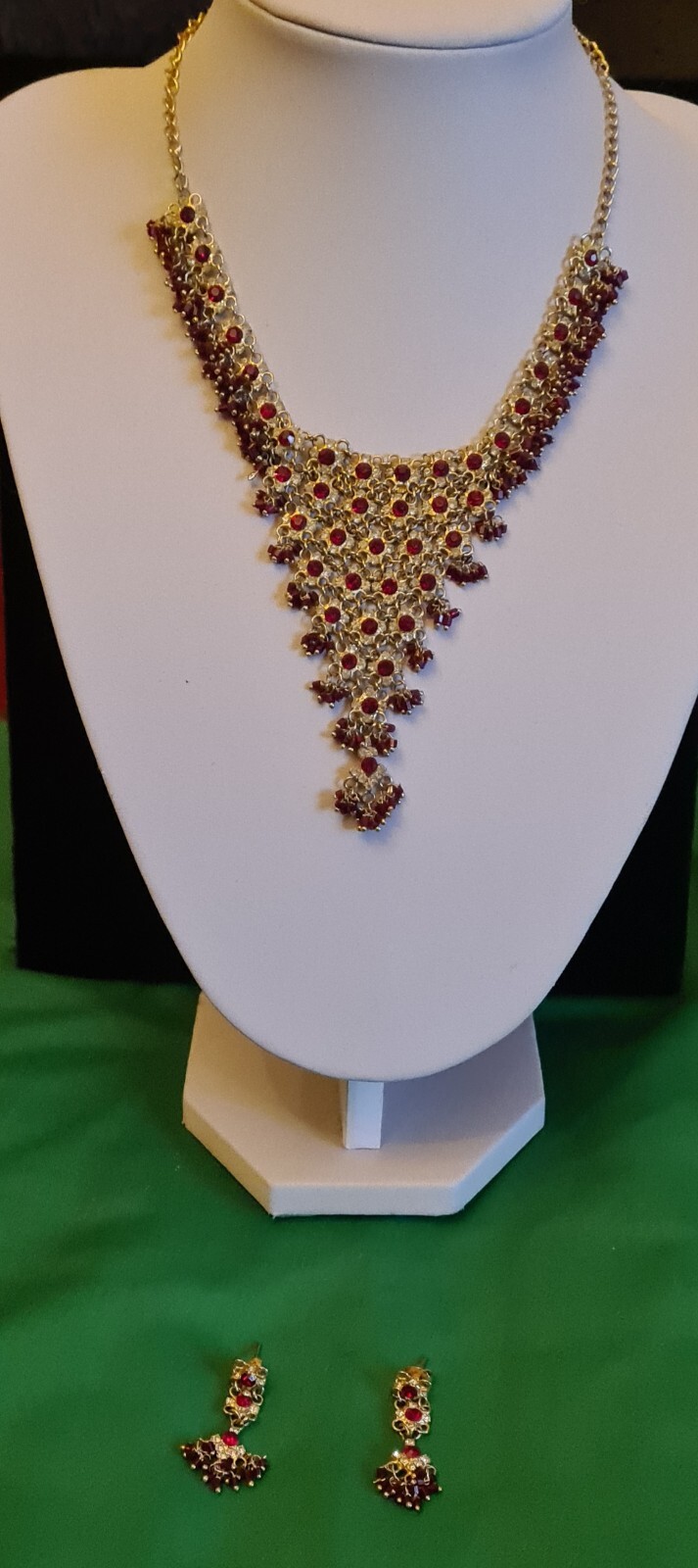 Ruby-Like Bib Necklace + Earring Set Featuring Ru… - image 1