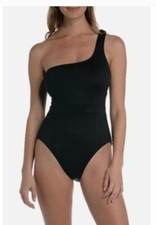 Mynah Womens XL Black One Shoulder Swimsuit Ruched Waist Adjustable Straps