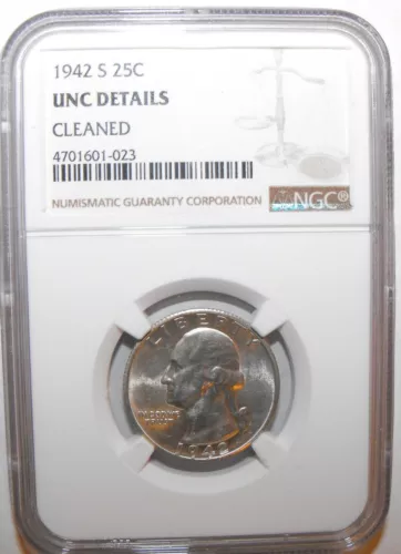 1942-S Washington Quarter, NGC UNC Details, Cleaned