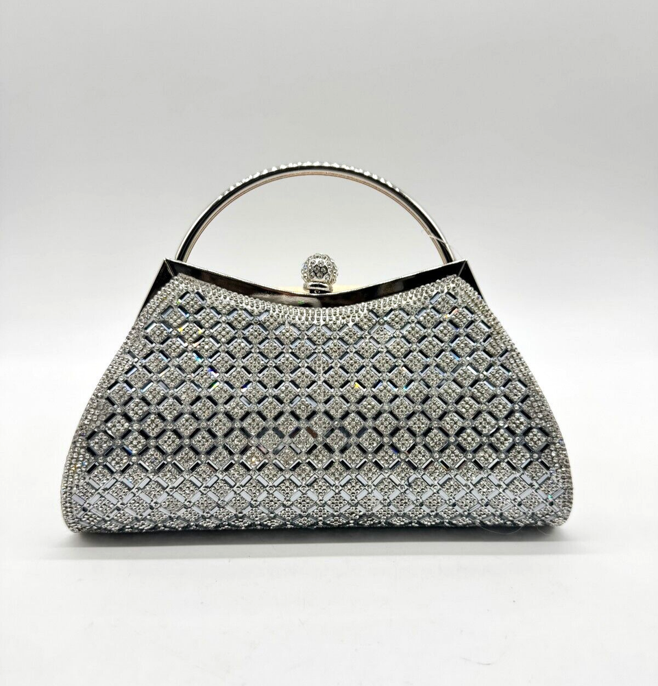 PREZZO crystal embellished metallic evening shoulder top handle bag -SILVER