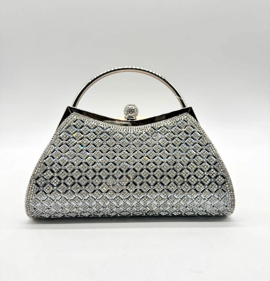 PREZZO Cristal Embellecido Metálico Noche Bolso de Hombro Asa Superior - PLATEADO