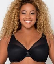 CURVY COUTURE BLACK Sheer Mesh Plunge Push Up Bra, US 42C, UK 42C, NWOT
